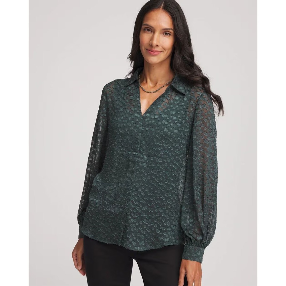 $110 CHICOS Sz 2/US 12 Sheer Swiss Clip-Dot Billow-Sleeve Blouse Darkest Spruce